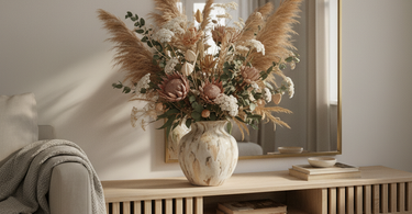 Tørrede blomster og pampasgræs i en stor keramikvase