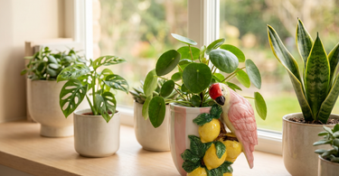 Pinkstribet potteskjuler fra Kersten med plante